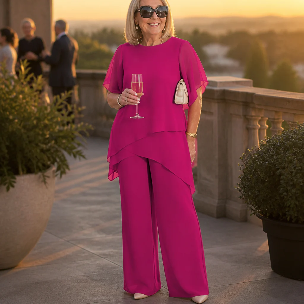 SerenLuxe™ – Elegant Chiffon Two-Piece Set with Asymmetric Layered Top - Image 3
