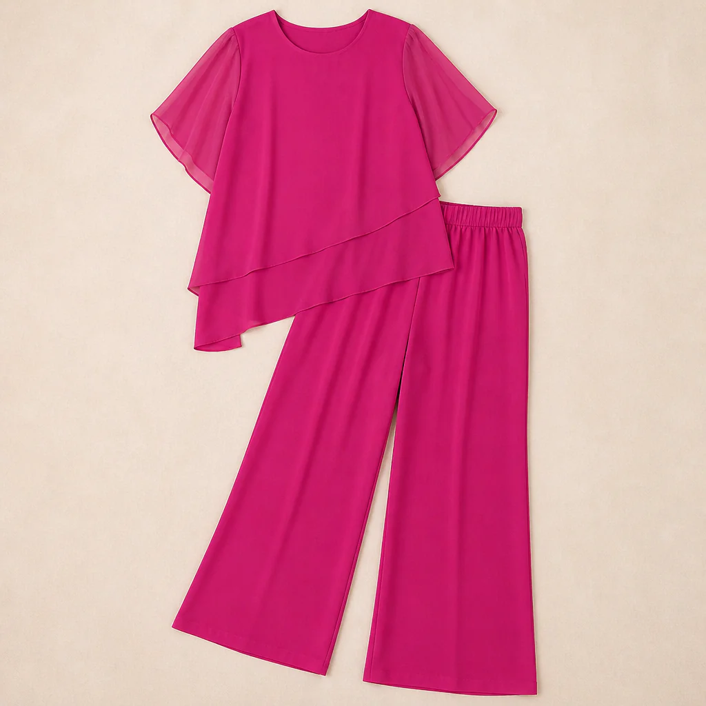 SerenLuxe™ – Elegant Chiffon Two-Piece Set with Asymmetric Layered Top - Image 4