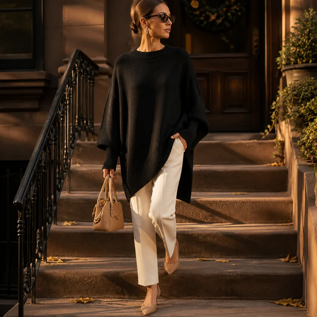 SerenoWave™ – Effortless Asymmetric Poncho Sweater with Batwing Sleeves - Image 3