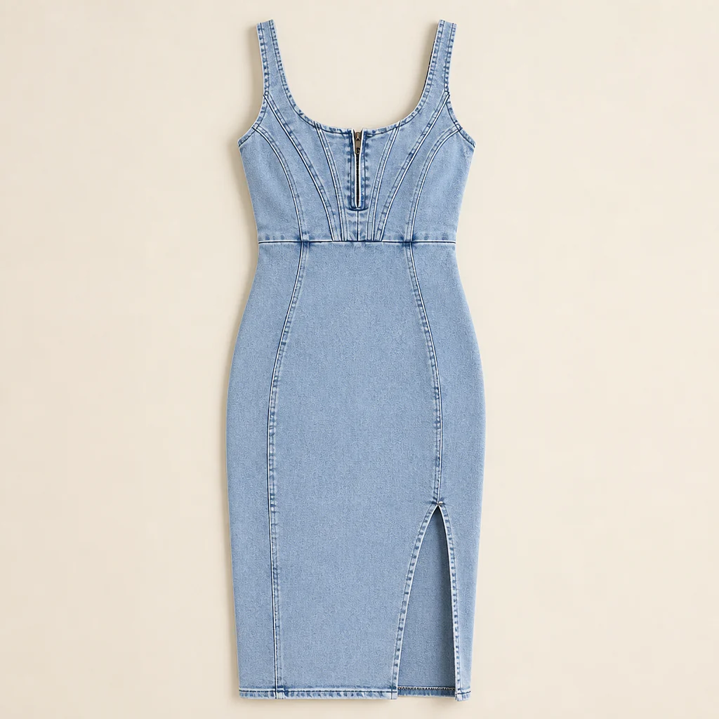SerenStride™ – Figure-Hugging Stretch Denim Midi Dress with Front Zip & Side Slit - Image 8