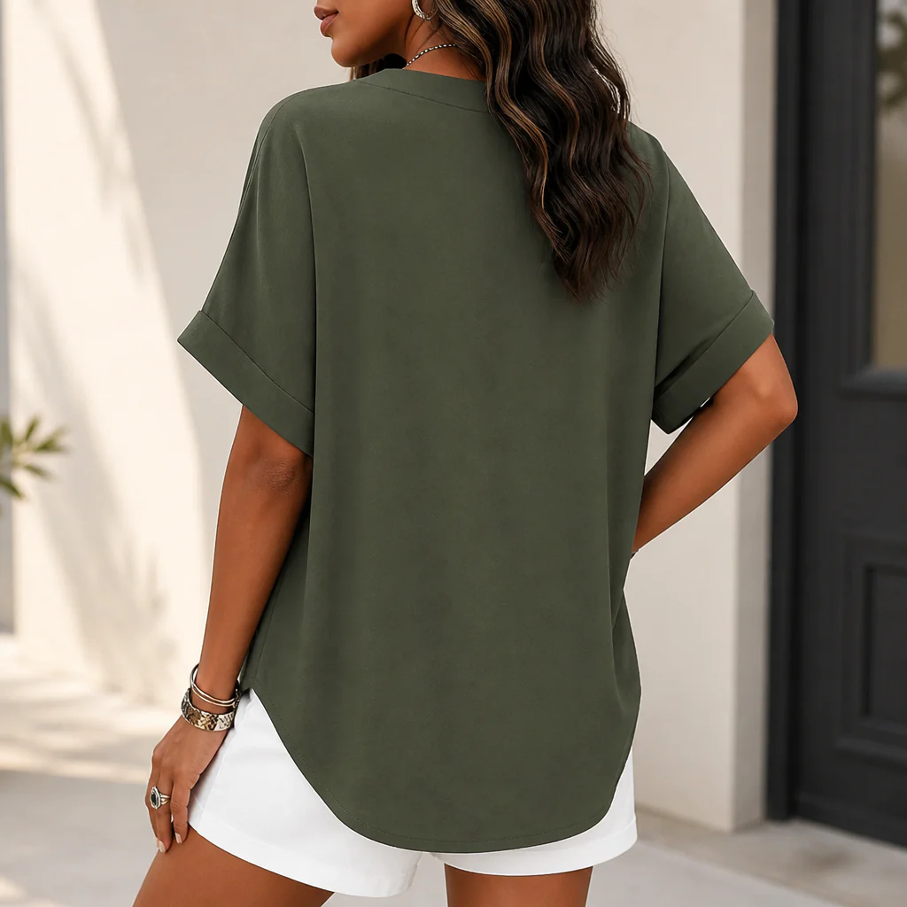 Silkora™ – Relaxed V-Neck Blouse with Curved Hem - Image 8