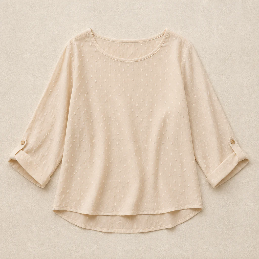 SilkoraWave™ – Relaxed Swiss-Dot Top with Buttoned Sleeve Tabs - Image 4