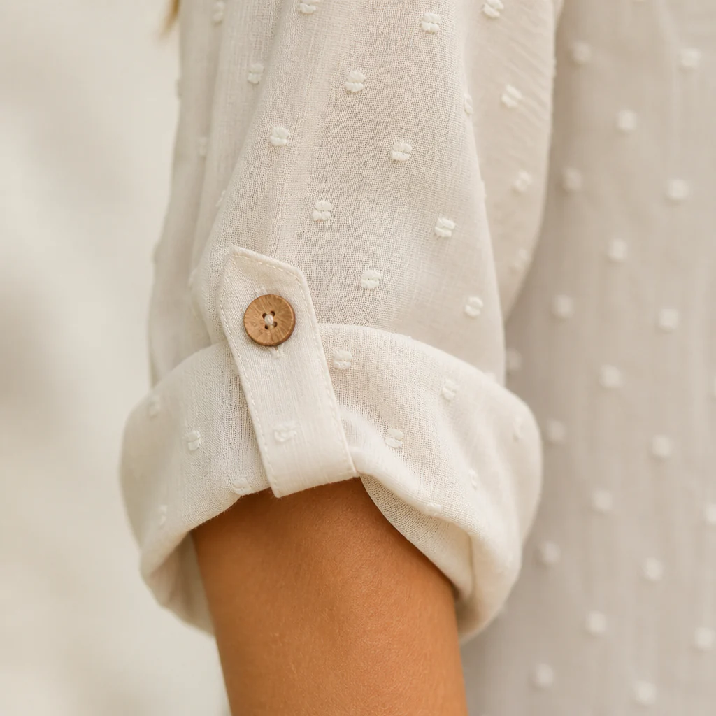 SilkoraWave™ – Relaxed Swiss-Dot Top with Buttoned Sleeve Tabs - Image 6