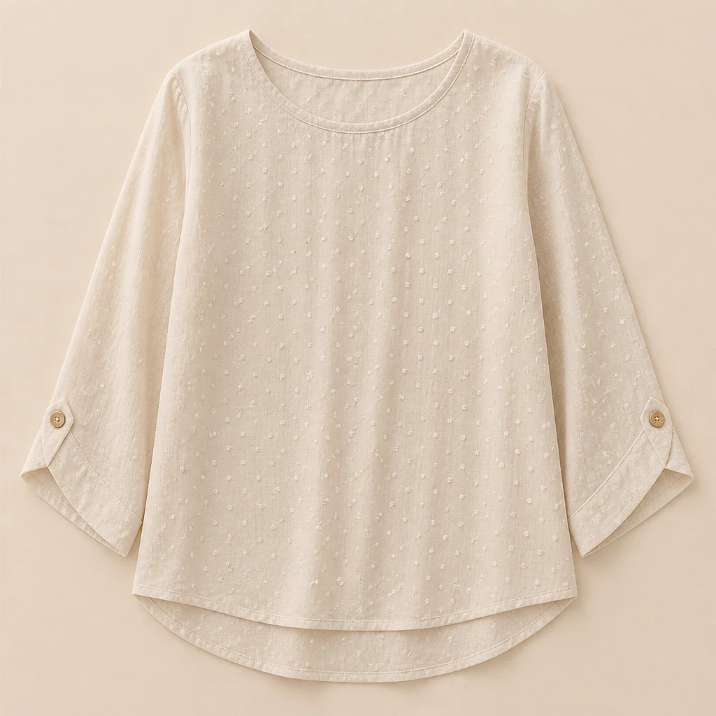 SilkoraWave™ – Relaxed Swiss-Dot Top with Buttoned Sleeve Tabs - Image 8