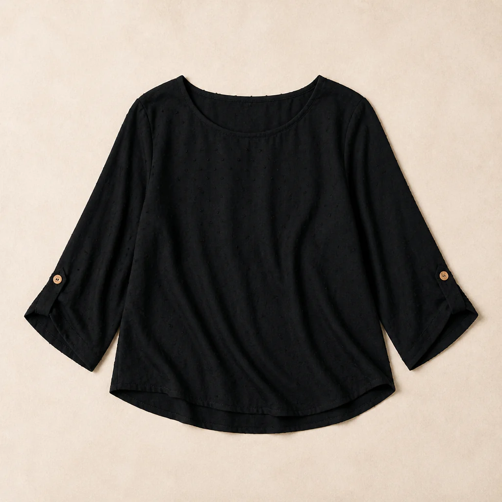 SilkoraWave™ – Relaxed Swiss-Dot Top with Buttoned Sleeve Tabs - Image 9