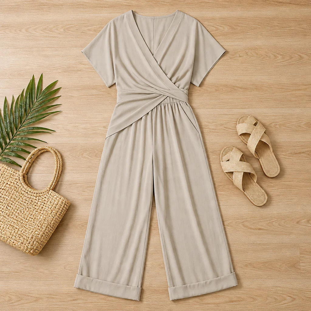 SolaraLuxe™ – Wrap-Front Wide-Leg Jumpsuit with Twist Waist - Image 4