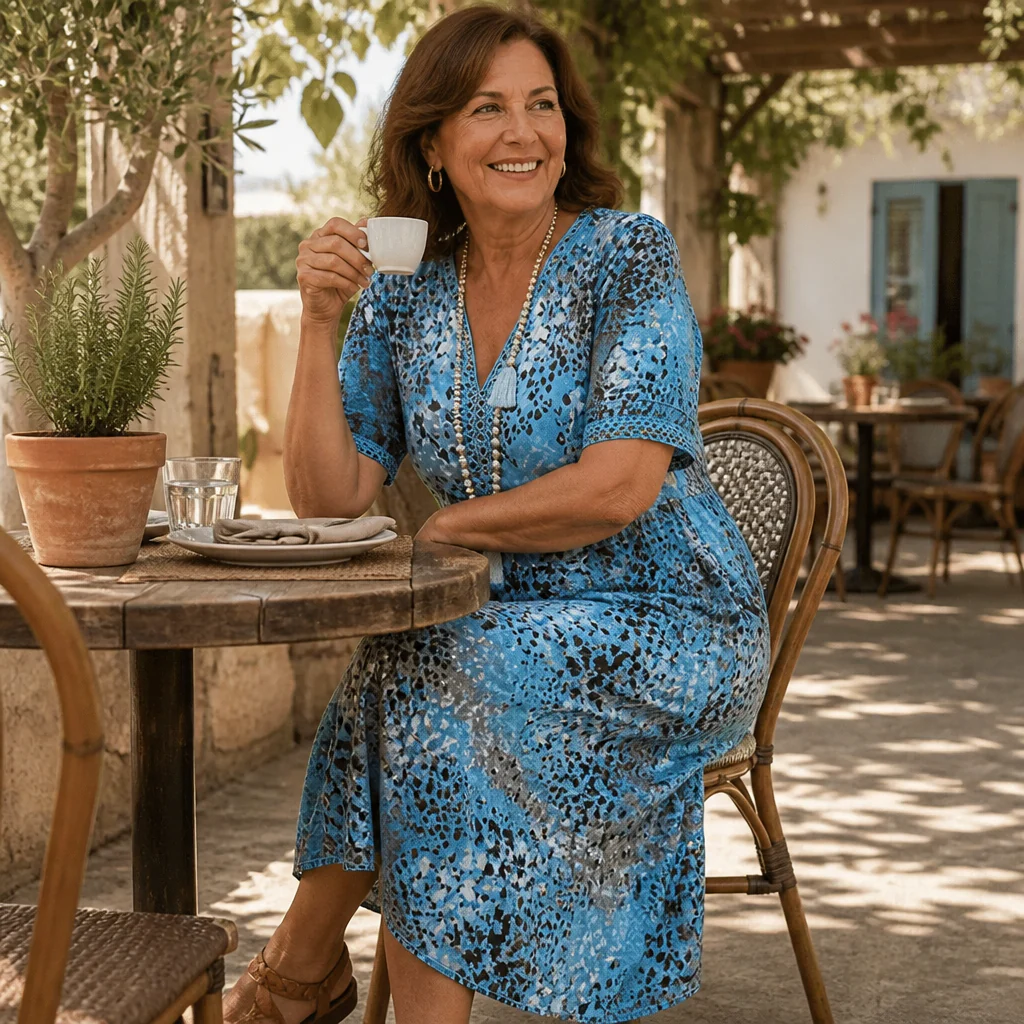 Aesthetic — printed boho midi dress sold on style, ease, and mature-vacation identity. - Image 2