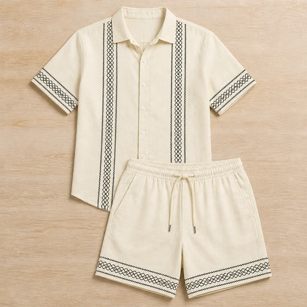 Suncraft™ – Embroidered Cuban-Collar Shirt & Drawstring Shorts Summer Set - Image 4