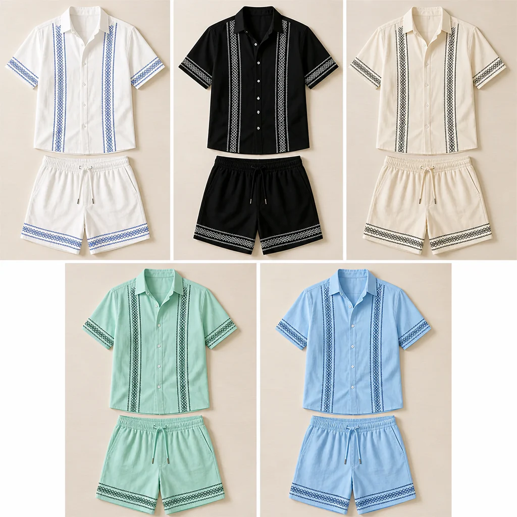Suncraft™ – Embroidered Cuban-Collar Shirt & Drawstring Shorts Summer Set - Image 8