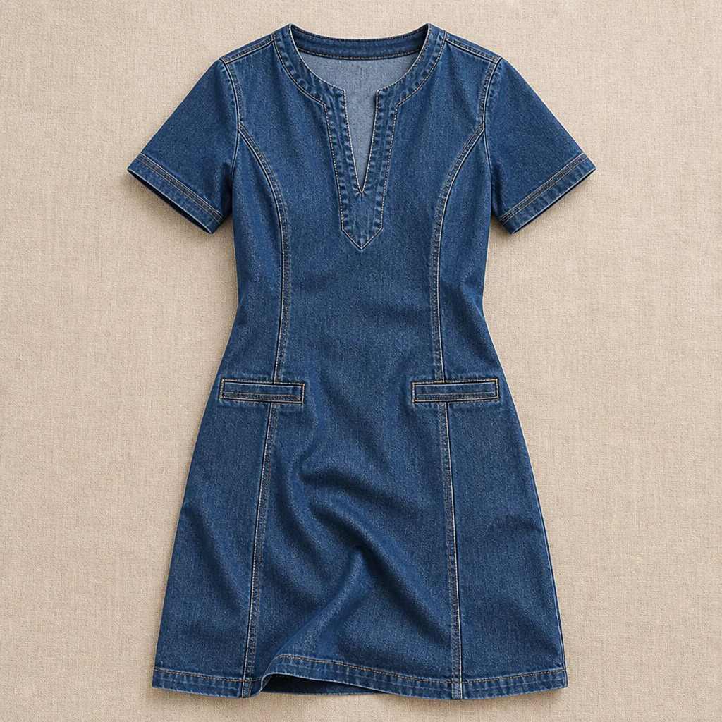 VarelaChic™ – Relaxed V-Neck Denim Shift Dress with Pockets - Image 11