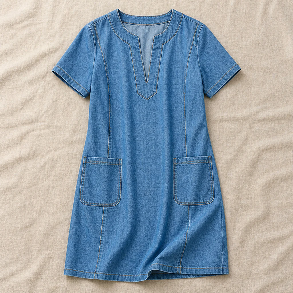 VarelaChic™ – Relaxed V-Neck Denim Shift Dress with Pockets - Image 4