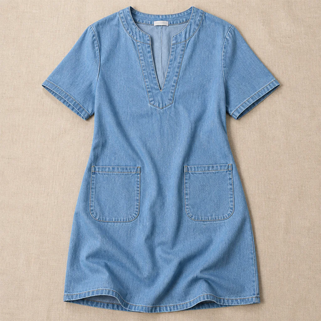 VarelaChic™ – Relaxed V-Neck Denim Shift Dress with Pockets - Image 9