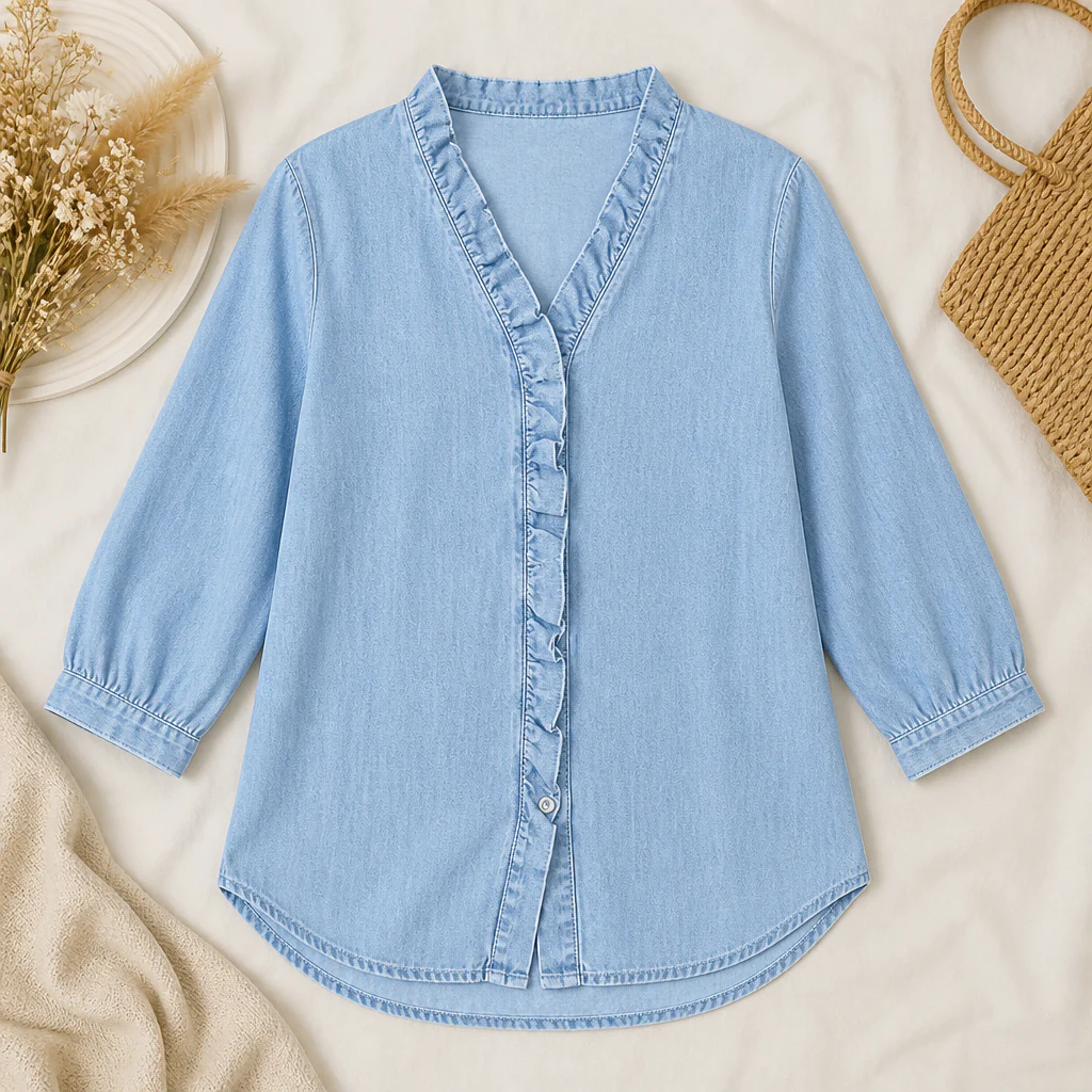 VelaFemme™ – Relaxed Ruffle-Front Denim Blouse with High-Low Hem - Image 11