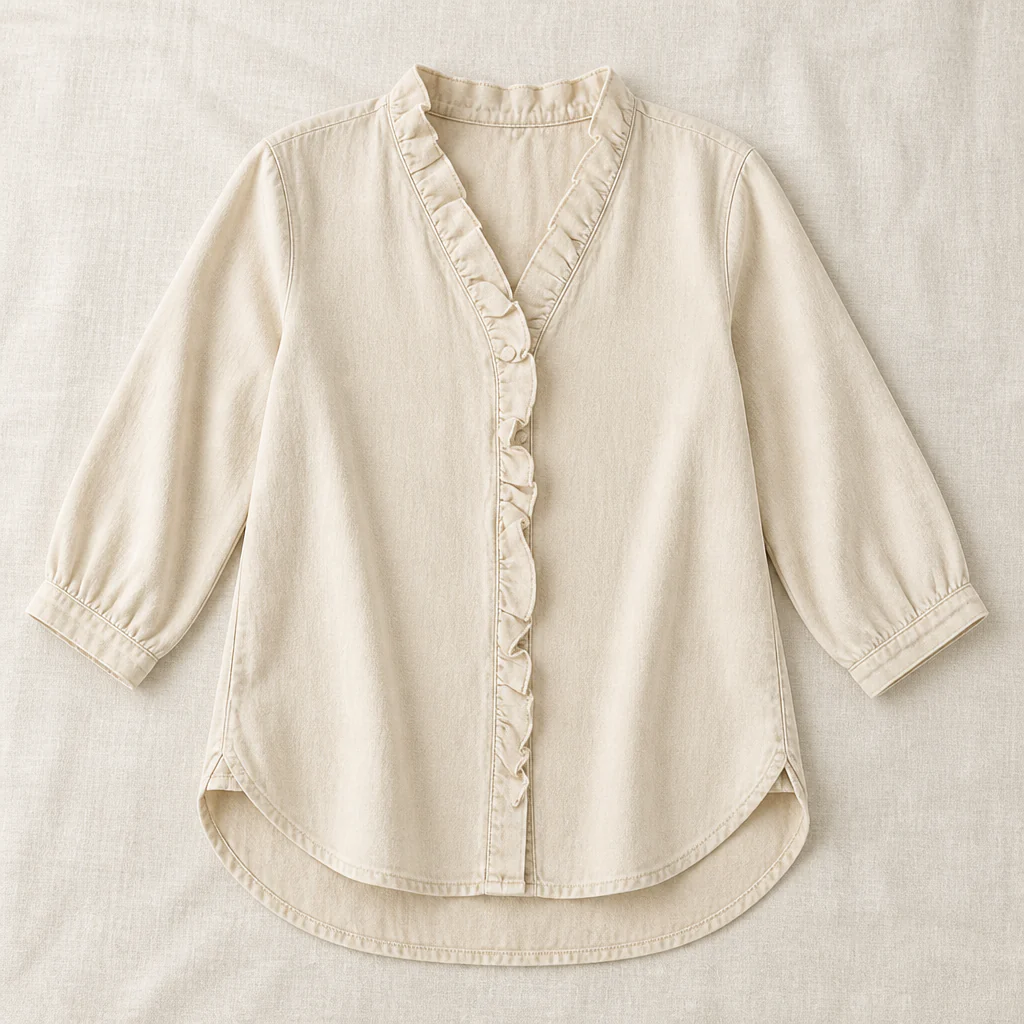 VelaFemme™ – Relaxed Ruffle-Front Denim Blouse with High-Low Hem - Image 12