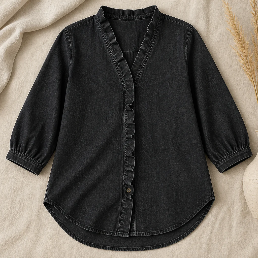 VelaFemme™ – Relaxed Ruffle-Front Denim Blouse with High-Low Hem - Image 13