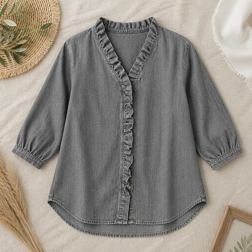VelaFemme™ – Relaxed Ruffle-Front Denim Blouse with High-Low Hem - Image 14