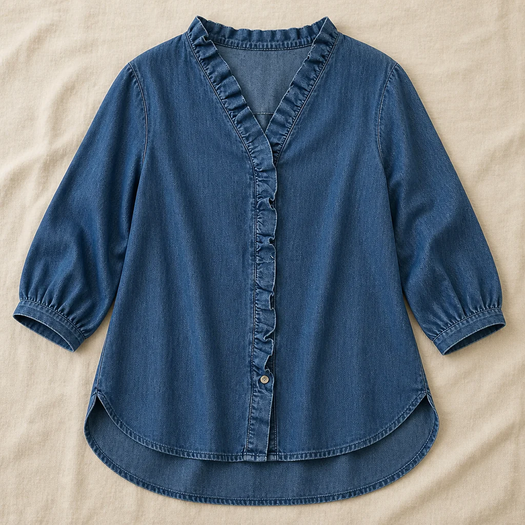 VelaFemme™ – Relaxed Ruffle-Front Denim Blouse with High-Low Hem - Image 4