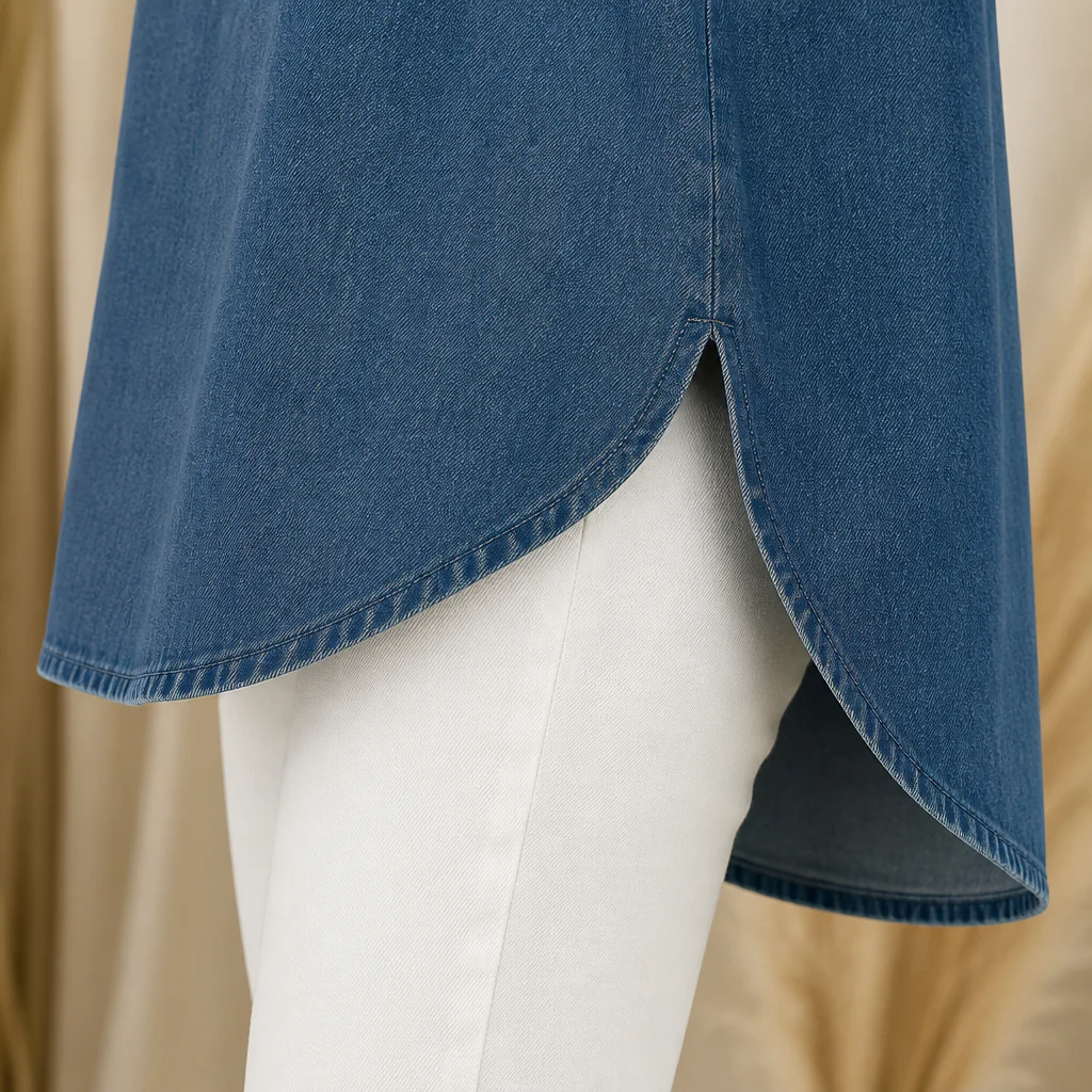 VelaFemme™ – Relaxed Ruffle-Front Denim Blouse with High-Low Hem - Image 6