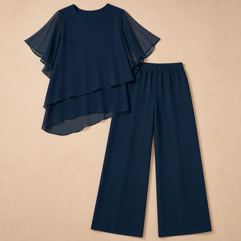 VeloraFit™ – Elegant Asymmetric Chiffon Two-Piece Pant Set - Image 4