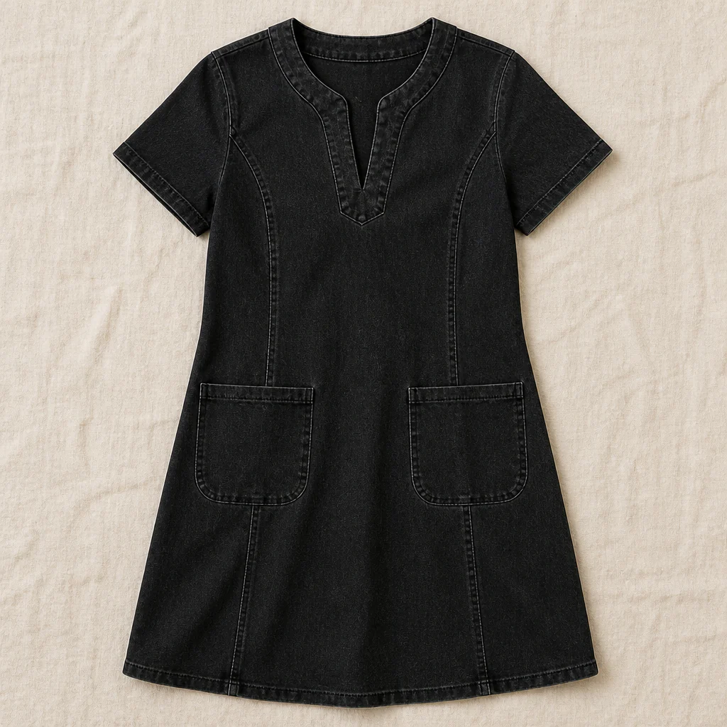 VelouraDenim™ – Relaxed V-Neck Denim Dress with Deep Front Pockets - Image 4