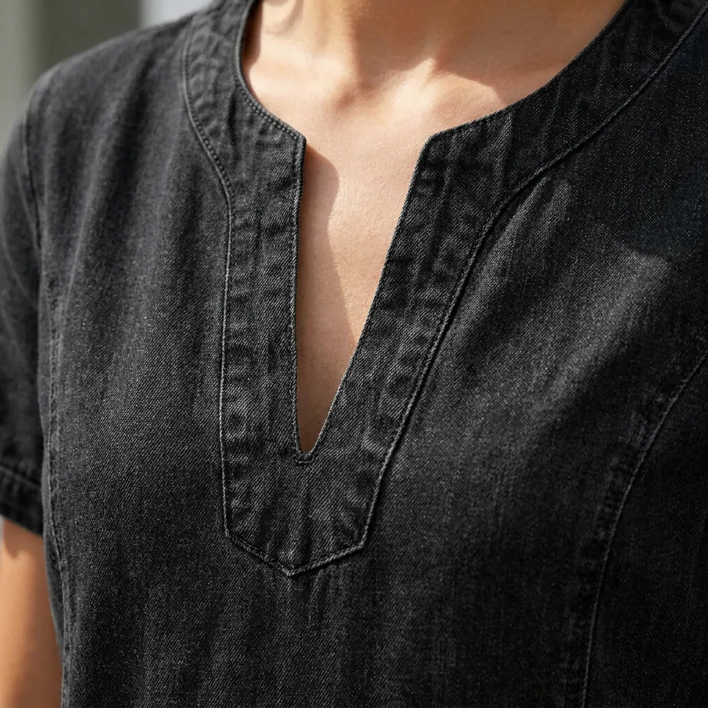 VelouraDenim™ – Relaxed V-Neck Denim Dress with Deep Front Pockets - Image 5