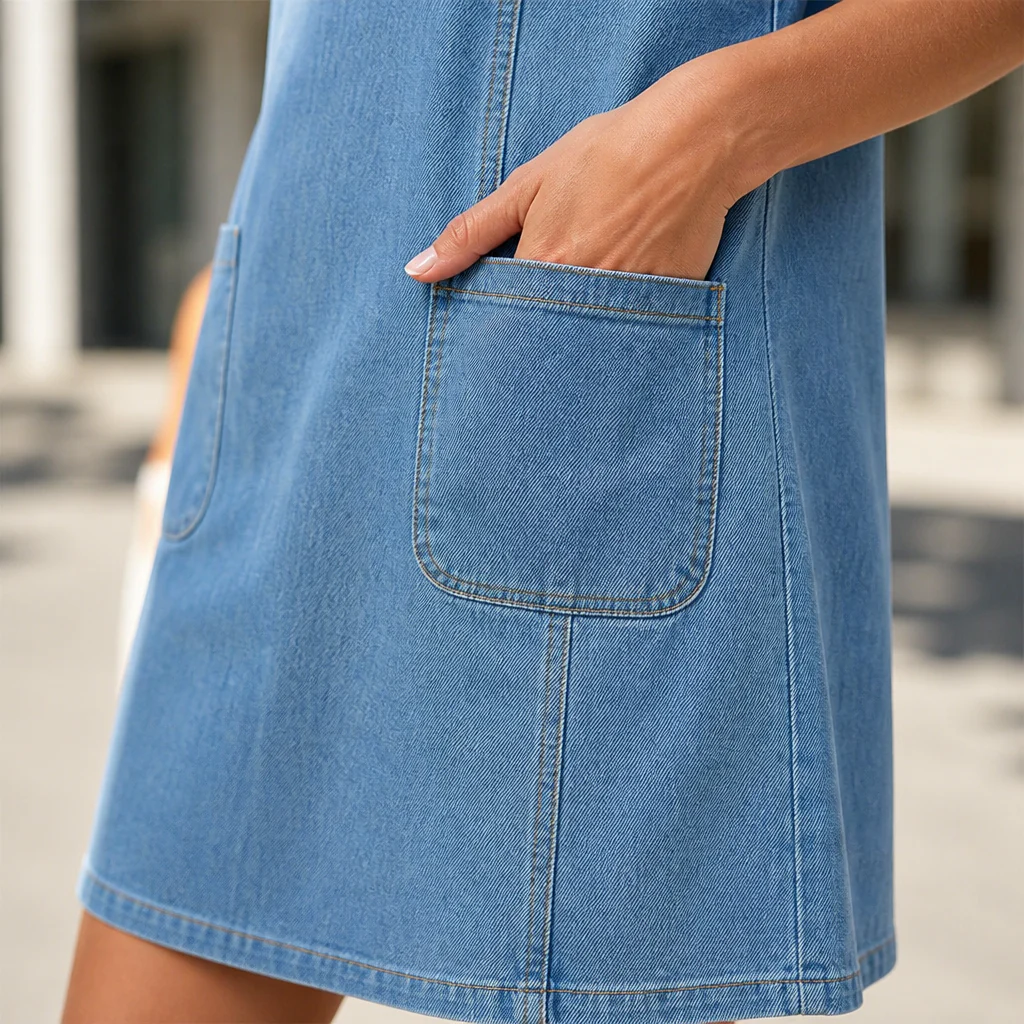 VelouraDenim™ – Relaxed V-Neck Denim Dress with Deep Front Pockets - Image 6