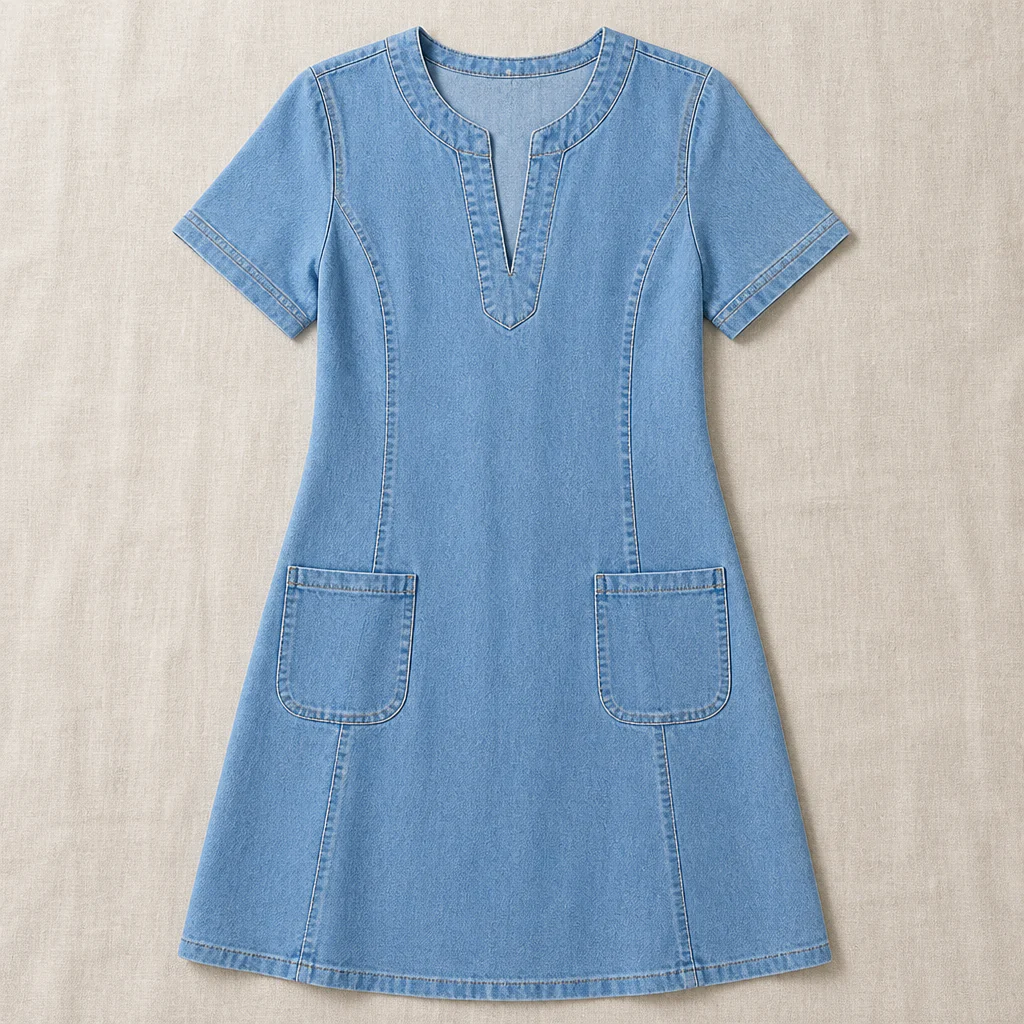 VelouraDenim™ – Relaxed V-Neck Denim Dress with Deep Front Pockets - Image 8