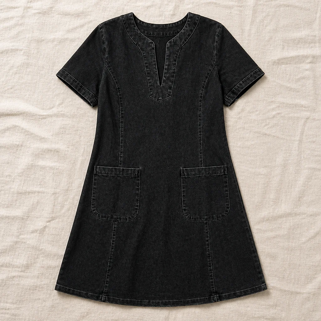 VelouraDenim™ – Relaxed V-Neck Denim Dress with Deep Front Pockets - Image 9