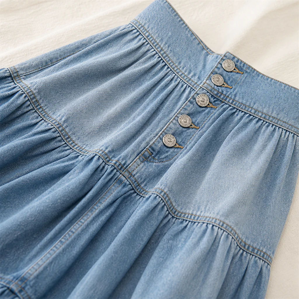 VeranoMist™ – Bohemian Tiered Denim Maxi Skirt with Vintage Button Front - Image 6