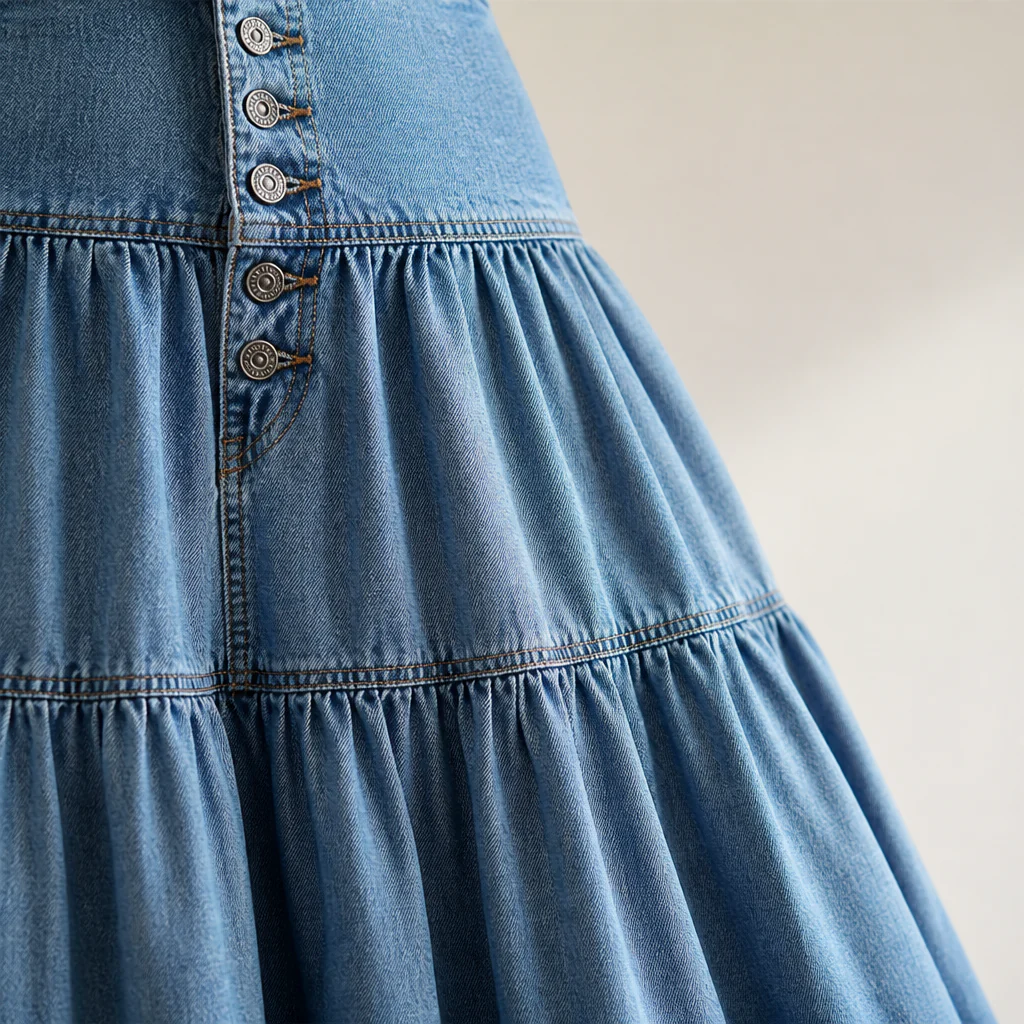 VeranoMist™ – Bohemian Tiered Denim Maxi Skirt with Vintage Button Front - Image 7