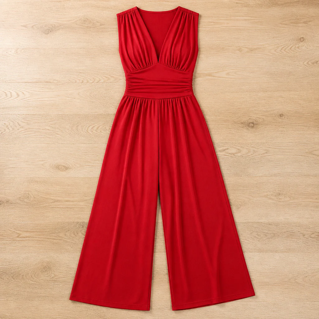 Verisse™ – Flowy Wide-Leg Jumpsuit with Ruched Waist and Deep V-Neck - Image 4