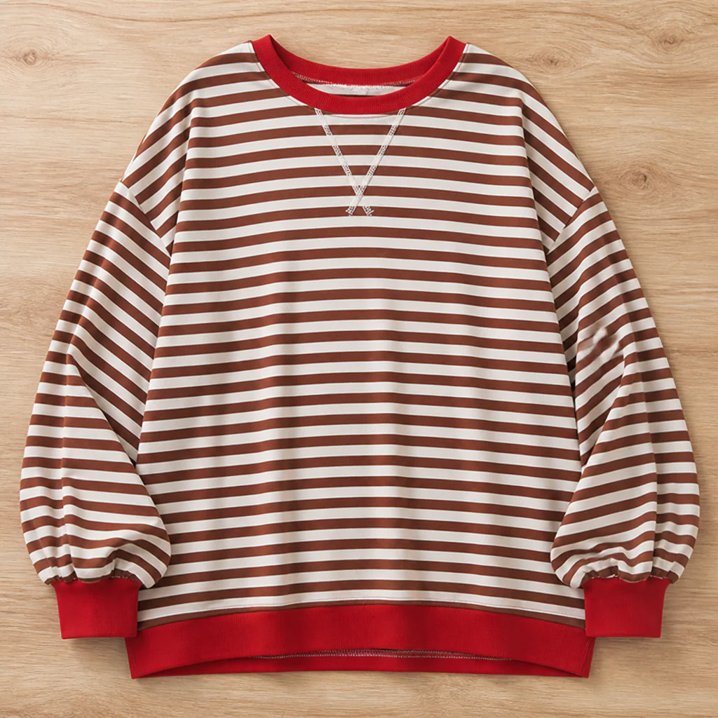 VeroLuxe™ – Relaxed Striped Crewneck Sweatshirt with Contrast Trim - Image 10