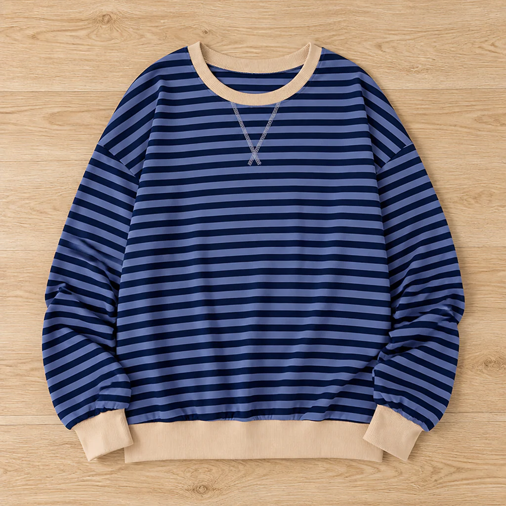 VeroLuxe™ – Relaxed Striped Crewneck Sweatshirt with Contrast Trim - Image 11