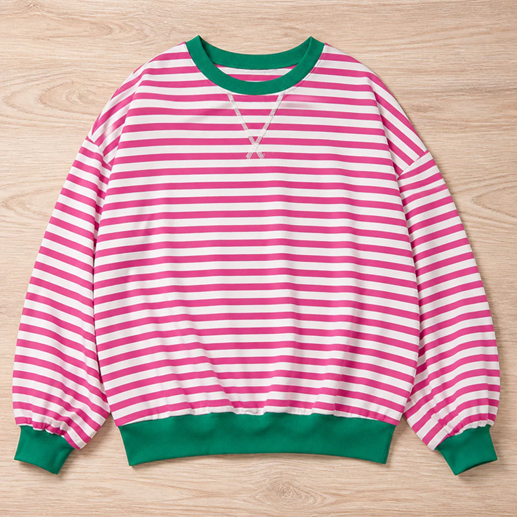 VeroLuxe™ – Relaxed Striped Crewneck Sweatshirt with Contrast Trim - Image 16