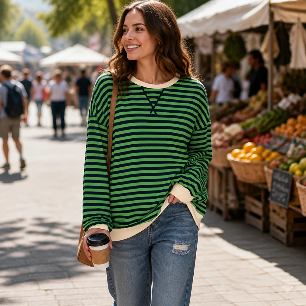 VeroLuxe™ – Relaxed Striped Crewneck Sweatshirt with Contrast Trim - Image 2