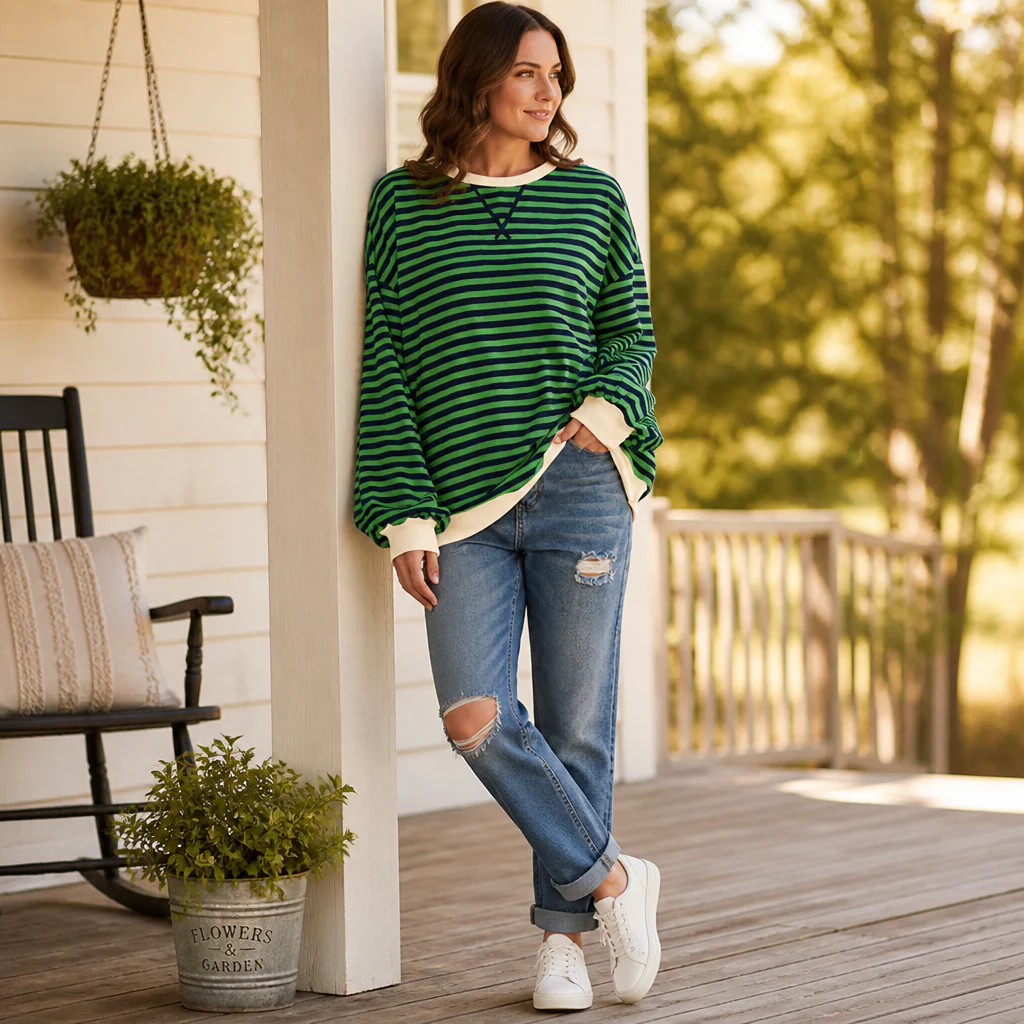 VeroLuxe™ – Relaxed Striped Crewneck Sweatshirt with Contrast Trim - Image 3
