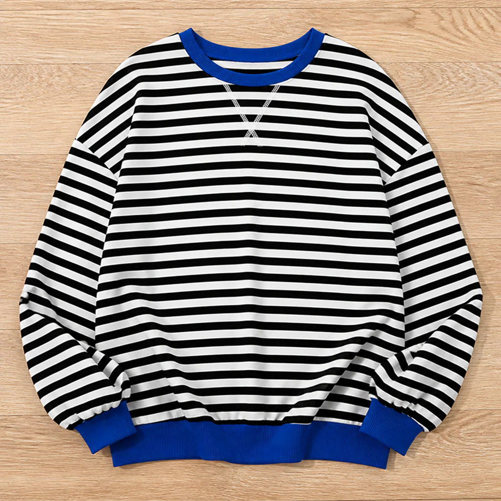 VeroLuxe™ – Relaxed Striped Crewneck Sweatshirt with Contrast Trim - Image 7