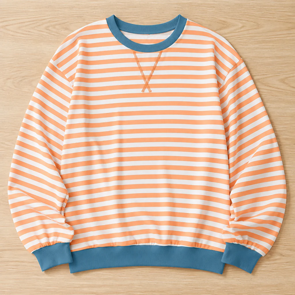 VeroLuxe™ – Relaxed Striped Crewneck Sweatshirt with Contrast Trim - Image 9