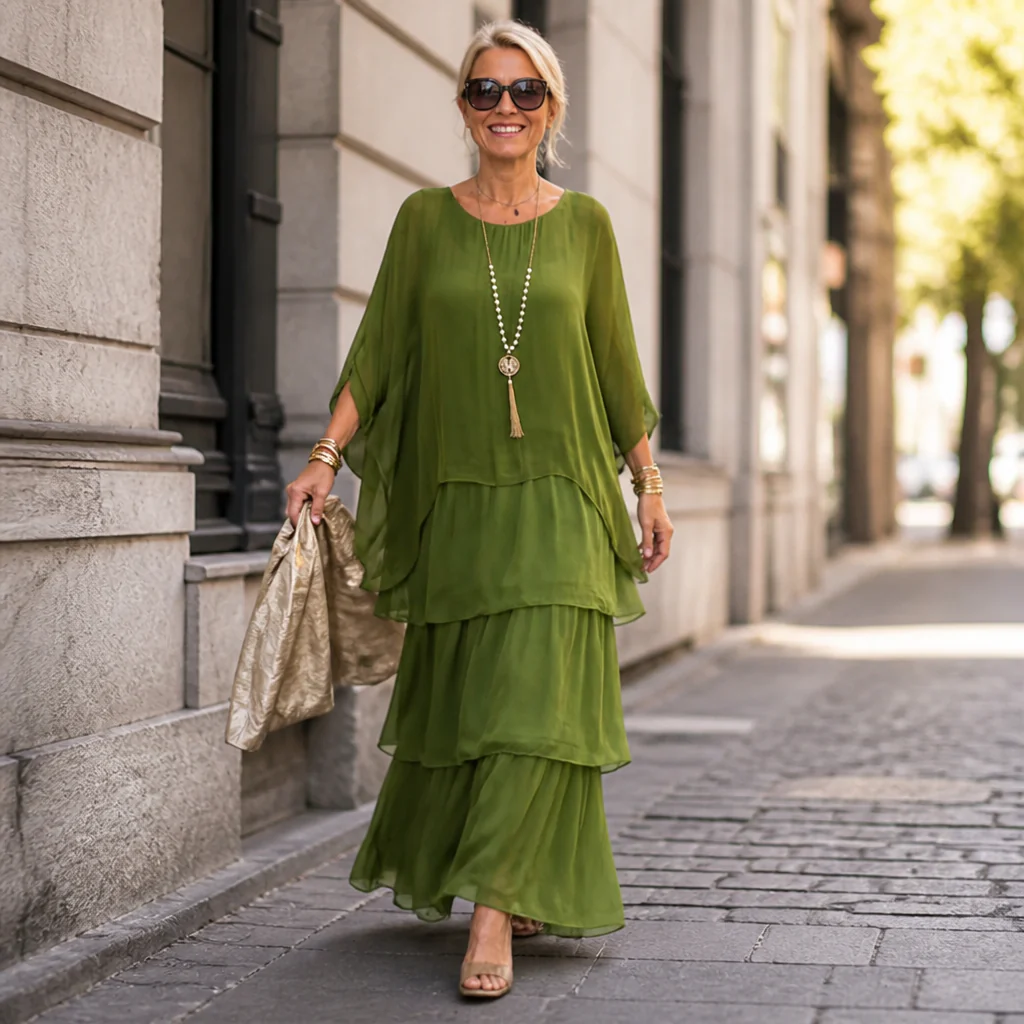 VeroLuxe™ – Flowy Tiered Maxi Dress with Cape Sleeves - Image 2