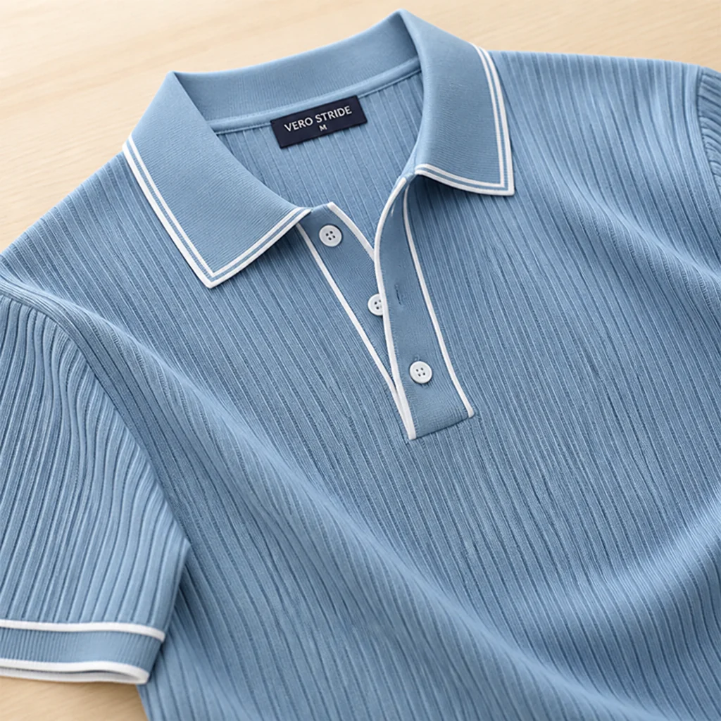 VeroStride™ – Retro Ribbed-Knit Polo with Contrast Tipped Collar - Image 5