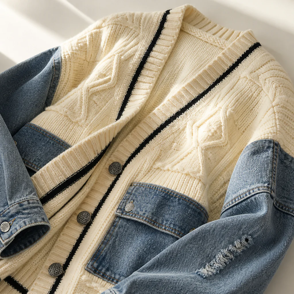 Vintora™ – Oversized Cable Knit Cardigan with Denim Patchwork Sleeves - Image 6