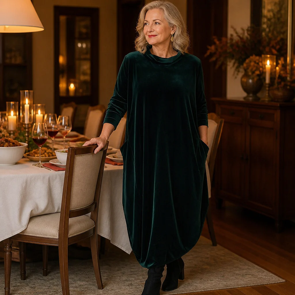 VioraForm™ – Velvet Mock-Neck Cocoon Maxi Dress with Side Pockets