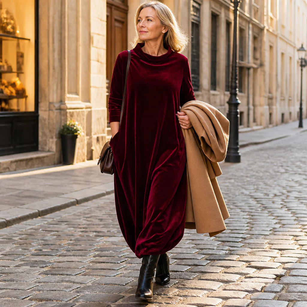 VioraForm™ – Velvet Mock-Neck Cocoon Maxi Dress with Side Pockets - Image 2