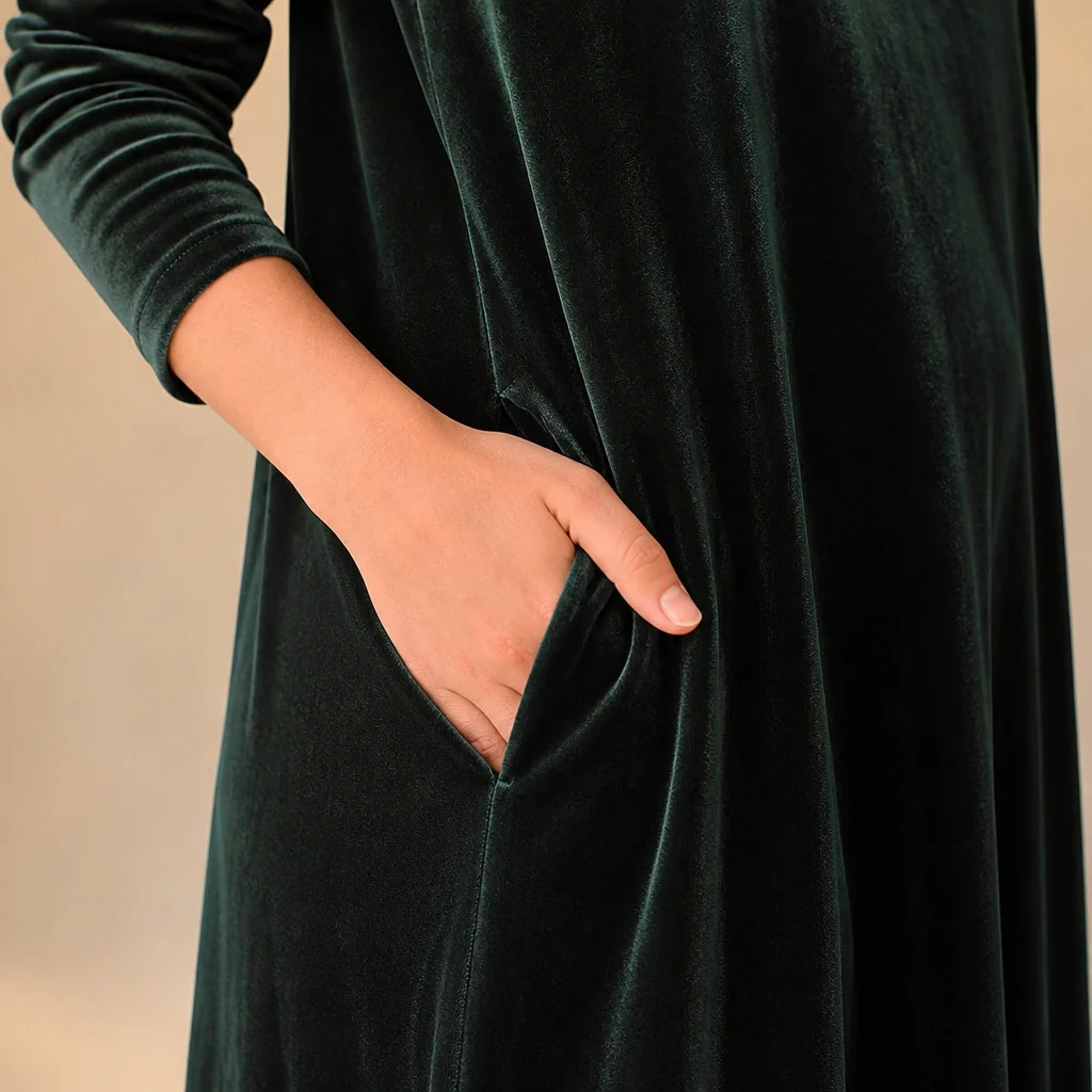 VioraForm™ – Velvet Mock-Neck Cocoon Maxi Dress with Side Pockets - Image 7