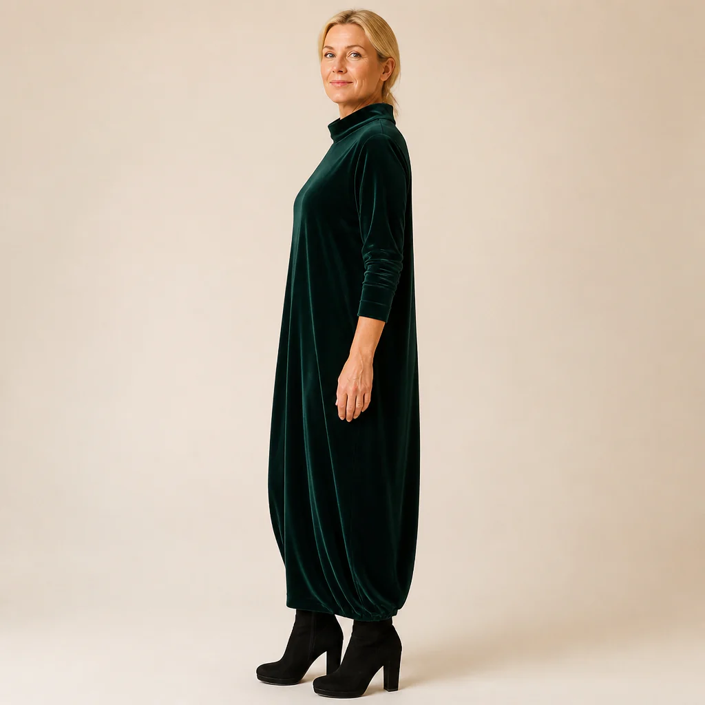 VioraForm™ – Velvet Mock-Neck Cocoon Maxi Dress with Side Pockets - Image 9