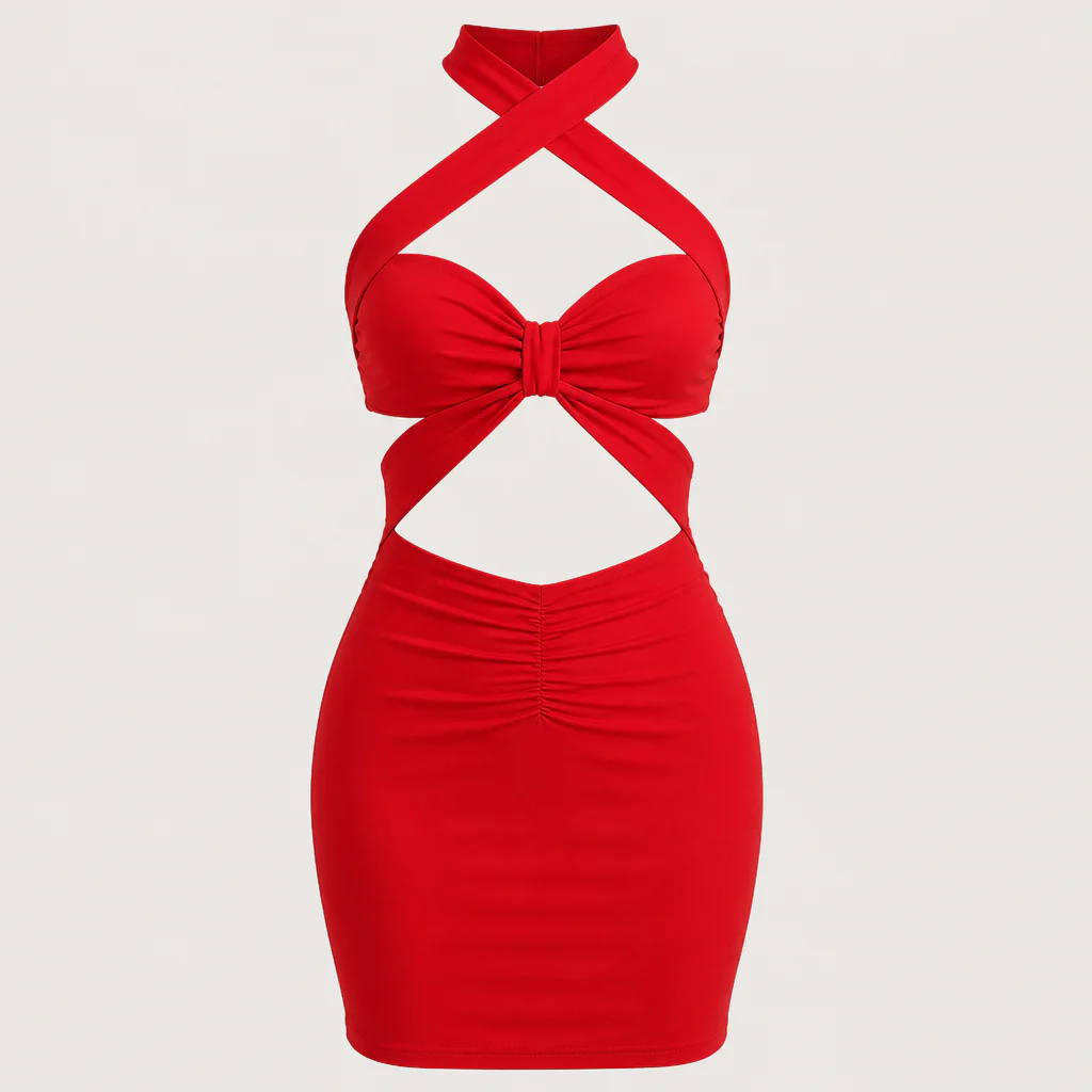 VioraVibe™ – Crossover Halter Cut-Out Bodycon Mini Dress - Image 4