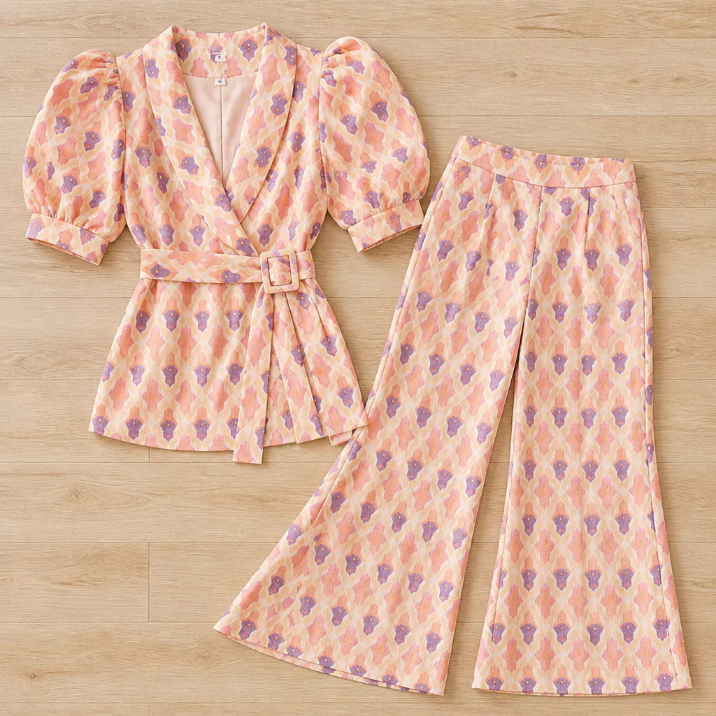 Virelli™ – Retro Printed Wrap Top & Flared Pant Set with Tie Belt - Image 4