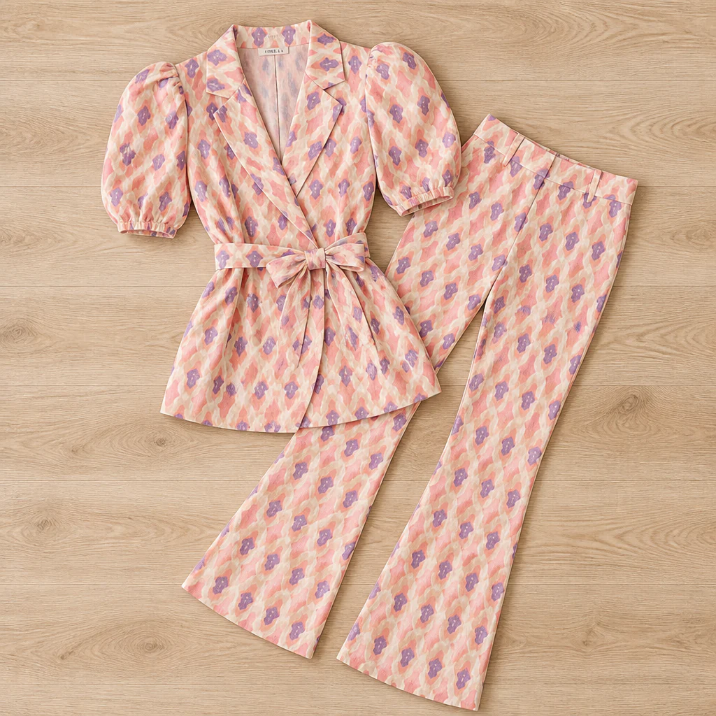 Virelli™ – Retro Printed Wrap Top & Flared Pant Set with Tie Belt - Image 7