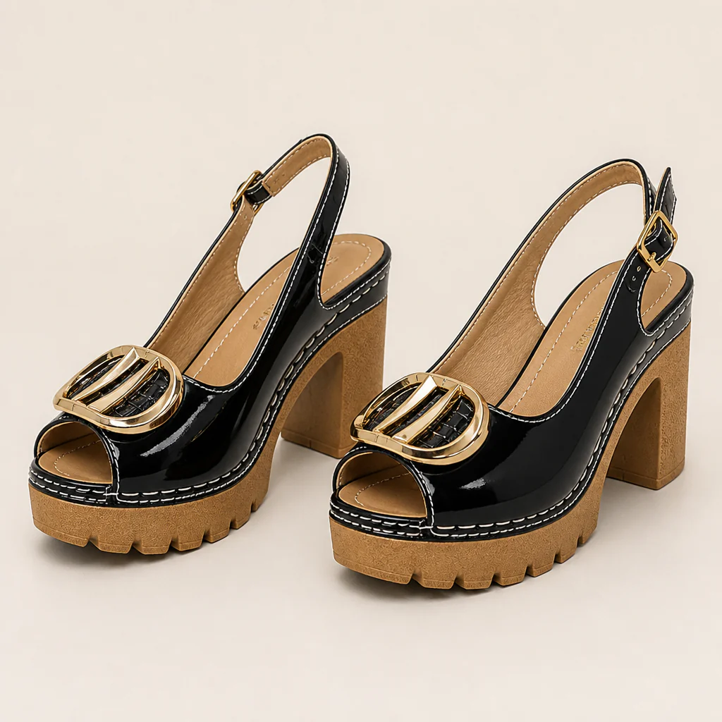 VivantaStrut™ – Bold Chunky Platform Slingback Heels with Gold Buckle - Image 10
