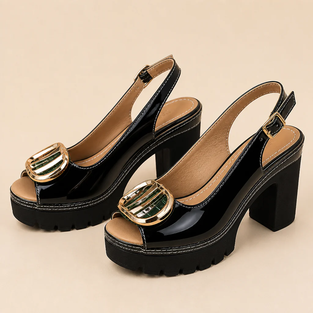 VivaStride™ – Patent Peep-Toe Block Heel Sandals with Statement Gold Buckle - Image 10